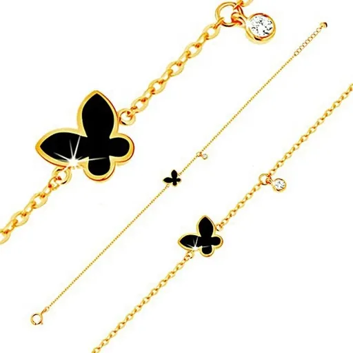 Náramek ze žlutého 14K zlata - černý glazovaný motýl a čirý kulatý zirkonek