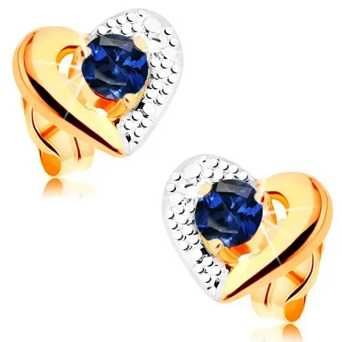Zlaté náušnice 585 - dvoubarevný obrys srdce, gravírování, modrý safír