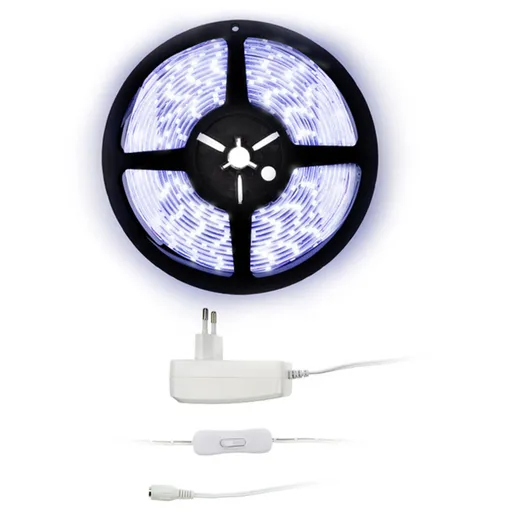 Solight LED světelný pás s testrem, 5m,  sada s 12V adaptérem, 4,8W/m, IP65, studená bílá WM50-65T