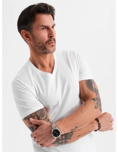 Pánské klasické bavlněné tričko BASIC s výstřihem do V - bílé V4 OM-TSBS-0237