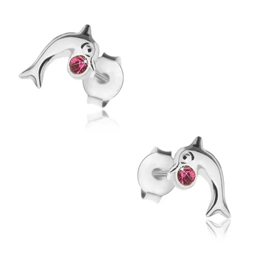 Puzetové náušnice, stříbro 925, lesklý skákající delfín, krystalek fuchsiové barvy