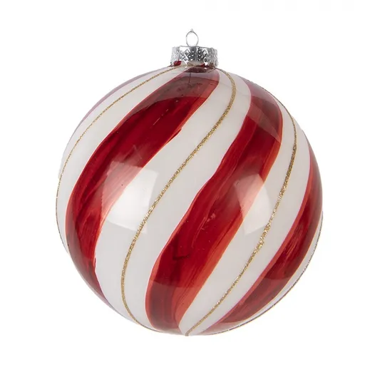 Červenobílá pruhovaná skleněná ozdoba veliká koule XL - Ø 15*15 cm Clayre & Eef