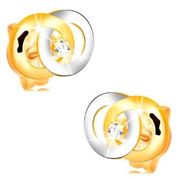 Náušnice v 14K zlate - dve prepojené obruče, číry briliant uprostred