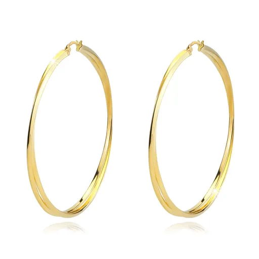 Stříbrné 925 náušnice - zlatá barva, zkřížené velké kruhy, francouzský zámek, 65 mm