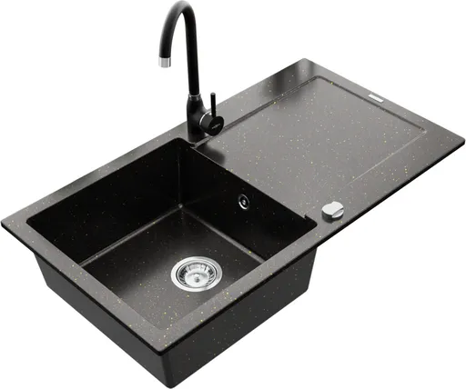 MEXEN/S Leo granitový dřez 1 s odkapávačem včetně baterie Telma, černá/zlatý metalik 6501-75-670200-70