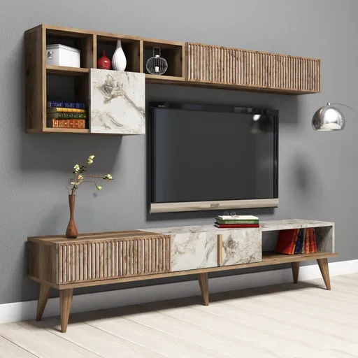 TV stěna / Sestava pod TV Milan - Walnut, White Marble