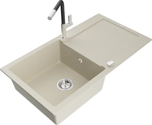 MEXEN/S Leo granitový dřez 1 s odkapávačem včetně baterie Flora, béžováy 6501-69-670401-07