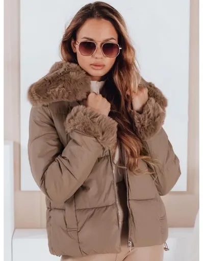 Dámská prošívaná krátká bunda s kožešinou, kamelová