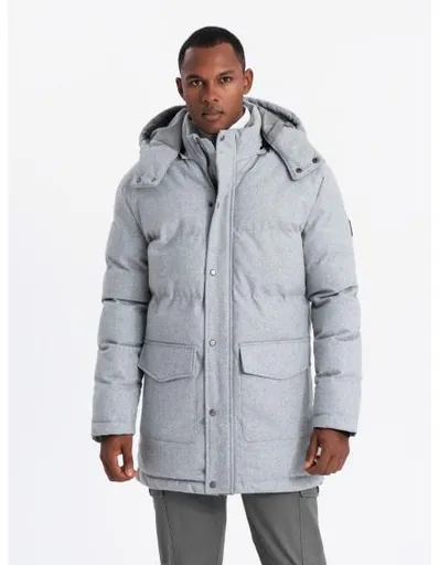 Pánská dlouhá teplá bunda parka s vlnou - světle šedá melanž V3