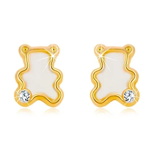 Náušnice ze žlutého 14K zlata - medvídek s přírodní perletí a zirkonem