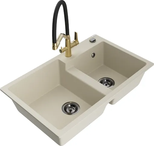 MEXEN/S Tomas granitový dřez 2-bowly včetně baterie Duo, béžová 6516-69-671701-57-B