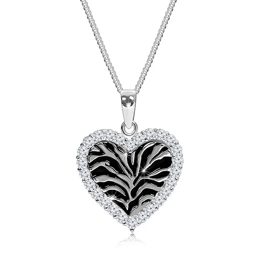 Stříbrný náhrdelník 925, srdíčko s černým zebřím motivem a s čirými zirkonky