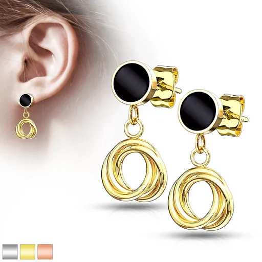 Náušnice z oceli 316L - objímka zalitá černou glazurou, pletenec, puzetky - Barva piercing: Měděná