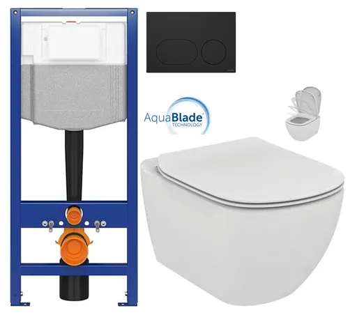 CERSANIT předstěnový instalační systém s černým tlačítkem K97-0637 + WC Ideal Standard Tesi se sedátkem SoftClose, AquaBlade  K97-526 0637 TE1