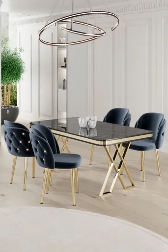 Dining Table & Chairs Set (5 Pieces) Rigel - Black Marble, Gold, Anthracite