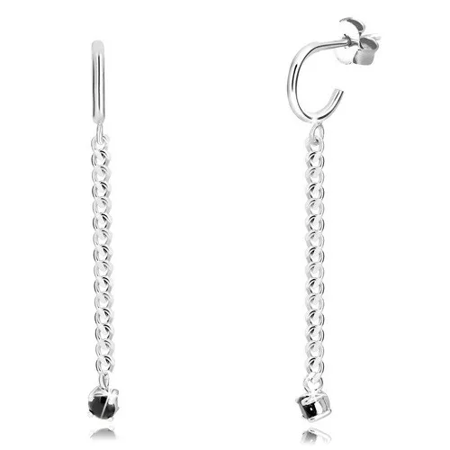 Stříbrné náušnice 925 - lesklý oblouk, blýskavý řetízek, černý zirkon v kotlíku