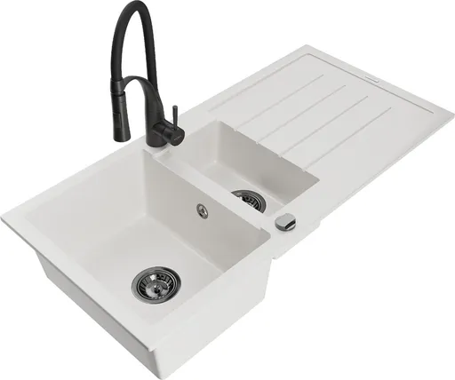 MEXEN/S Andres granitový dřez s odkapávačem včetně baterie Aster, bílá 6515-20-73450-70-B