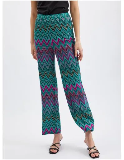 Růžovo-zelené dámské vzorované kalhoty