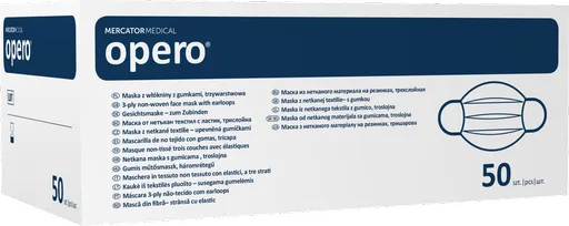 OPERO Chirurgická třívrstvá ústenka ochranná na gumičku modrá, 50 ks