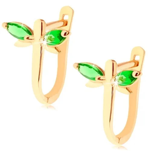 Náušnice ve žlutém 14K zlatě - malá blýskavá vážka se zelenými křídly
