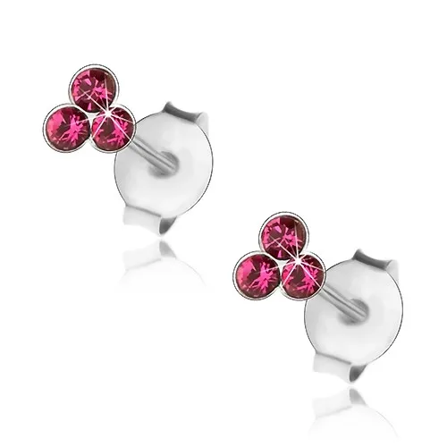 Stříbrné 925 náušnice, trojice kulatých krystalků ve fuchsiovém odstínu