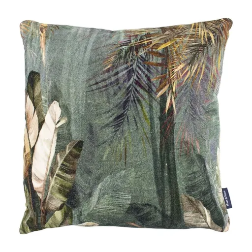 Modrý sametový polštář s motivem džungle - 45*45*10cm MRKSFJBL