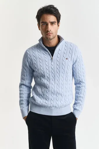 SVETR GANT COTTON CABLE HALF ZIP ICE BLUE MELANGE