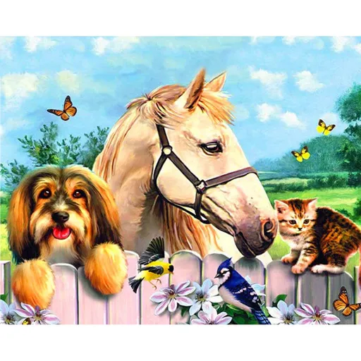 Diamantové malování Kůň, pes a kočka 40 x 50 cm