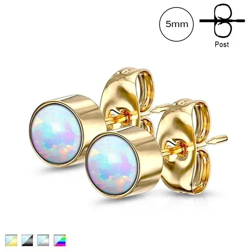 Náušnice z oceli 316L - opál ze syntetického materiálu v objímce, puzetové zapínání, 5 mm - Barva: Zlatá