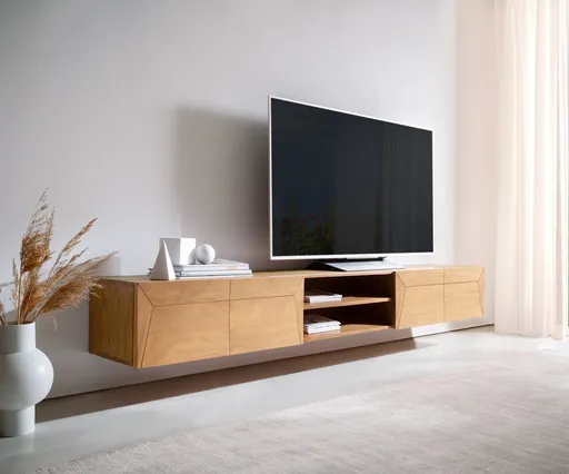 TV stolek Kayu 240 cm akácie přírodní 4 dvířka závěsné