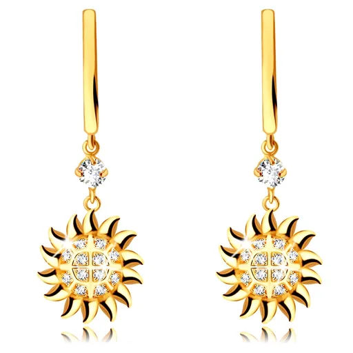 Kulaté náušnice ze žlutého 585 zlata - přívěsek ve tvaru slunce, kulatý čirý zirkon