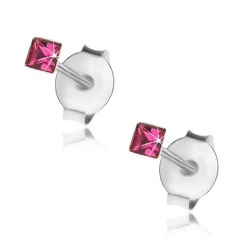 Náušnice ze stříbra 925, malý čtvereček z fuchsiového krystalku Swarovski, 2 mm