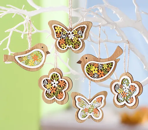 Sada dřevěných závěsných ozdob Jaro, sada 6 ks