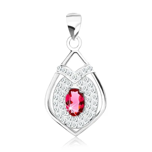 Přívěsek ze stříbra 925, kontura zašpičatělé kapky, oválný červený zirkon, třpytivý lem