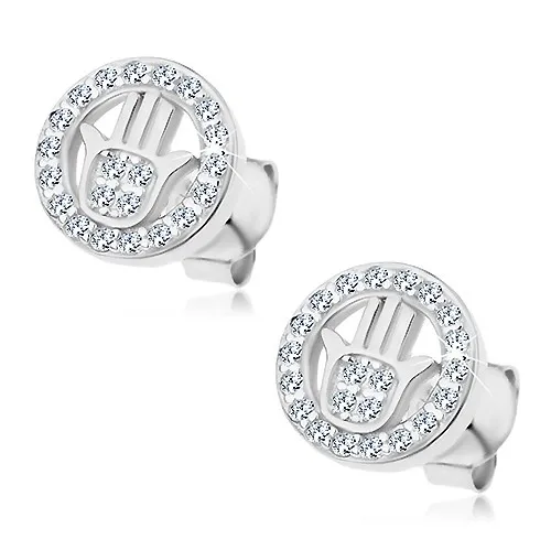 Puzetové náušnice - stříbro 925, Fatimina ruka v kruhu, čiré zirkonky