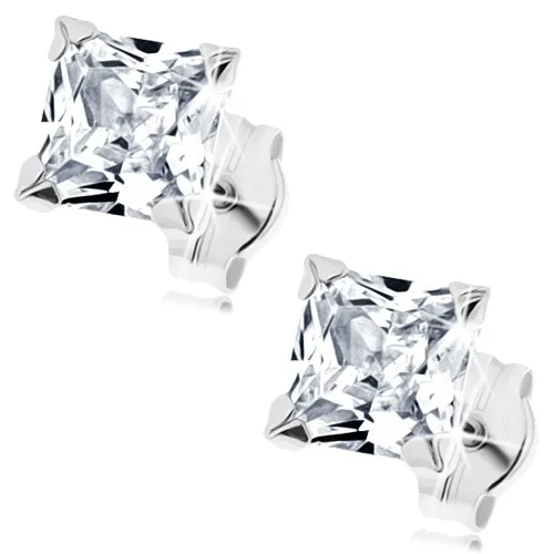 Náušnice v bílém 14K zlatě - broušený zirkonový čtvereček čiré barvy, 5 mm