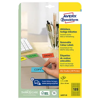 Avery Zweckform etikety 25.4mm x 10mm, A4, žluté, 189 etiket, mini, snímatelné, baleno po 20 ks, L6037-20, pro laserové a inkousto