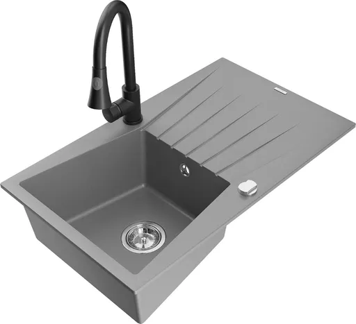 MEXEN/S Cesar granitový dřez 1 s odkapávačem včetně baterie Elia, šedá 6514-71-670101-70
