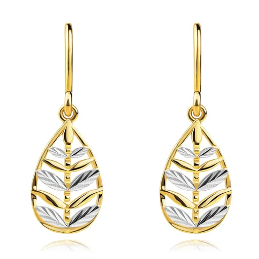 Náušnice z kombinovaného zlata 585 - listy v obrysu slzy, afroháček