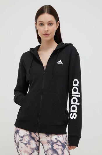 Bavlněná mikina adidas dámská, černá barva, s kapucí, s potiskem