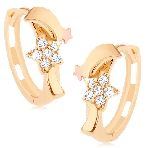 Dvoubarevné náušnice ve 14K zlatě - zirkonový kvítek, vlnka a hvězdička