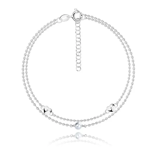 Stříbrný náramek 925 - syntetická bílá perla, vypouklé srdce, kulatý zirkon