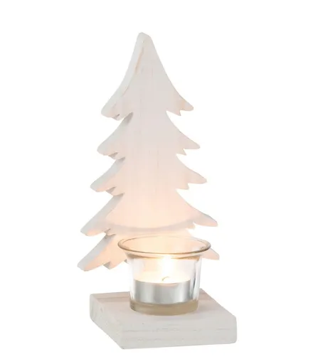 Bílý svícen s dřevěným stromkem Tree White - 10*9*20 cm 25090