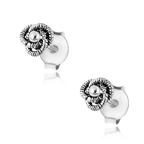 Puzetové náušnice ze stříbra 925, patinovaný uzel s lesklou kuličkou