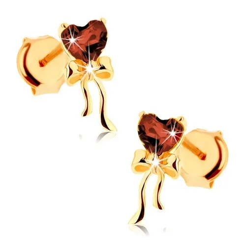 14K zlaté náušnice s granátovým srdcem a lesklou mašlí