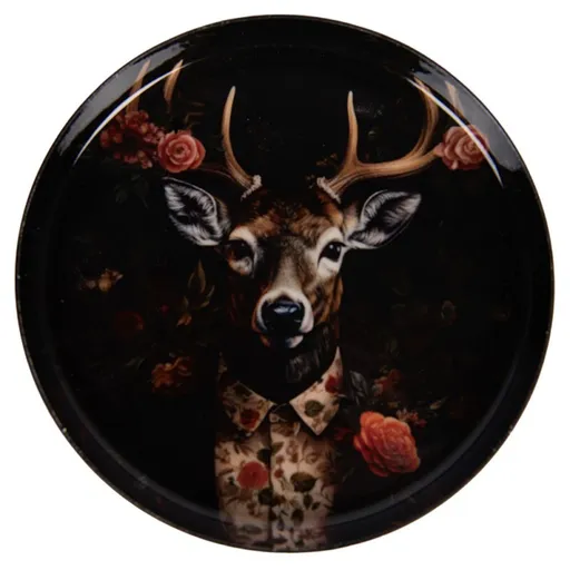 Černý kovový podtácek hlava Jelen s květy - Ø 11*1 cm 66419