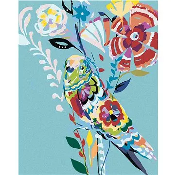 Diamondi - Diamantové malování - PTÁČEK A MALOVANÉ KVĚTY, 40x50 cm, bez rámu a bez vypnutí plátna (602344A)