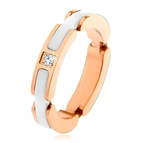 Prsten z oceli 316L a z bílé keramiky, čirý zirkon, výřezy s pásy - Velikost: 54