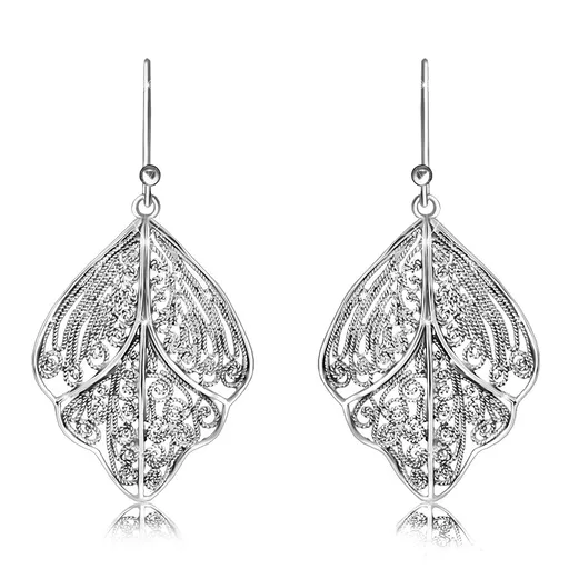 Visací stříbrné 925 náušnice - filigránový list s výřezem, lesklý povrch