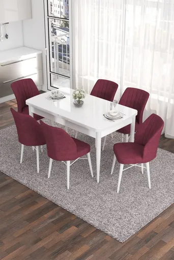 Extendable Dining Table & Chairs Set (7 Pieces) Eva - White, Burgundy